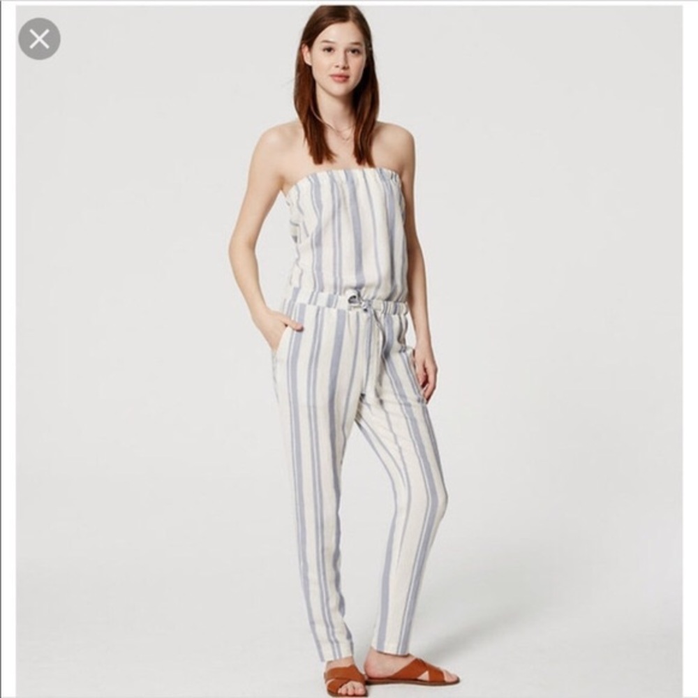 Loft strapless blue and white striped jumpsuit